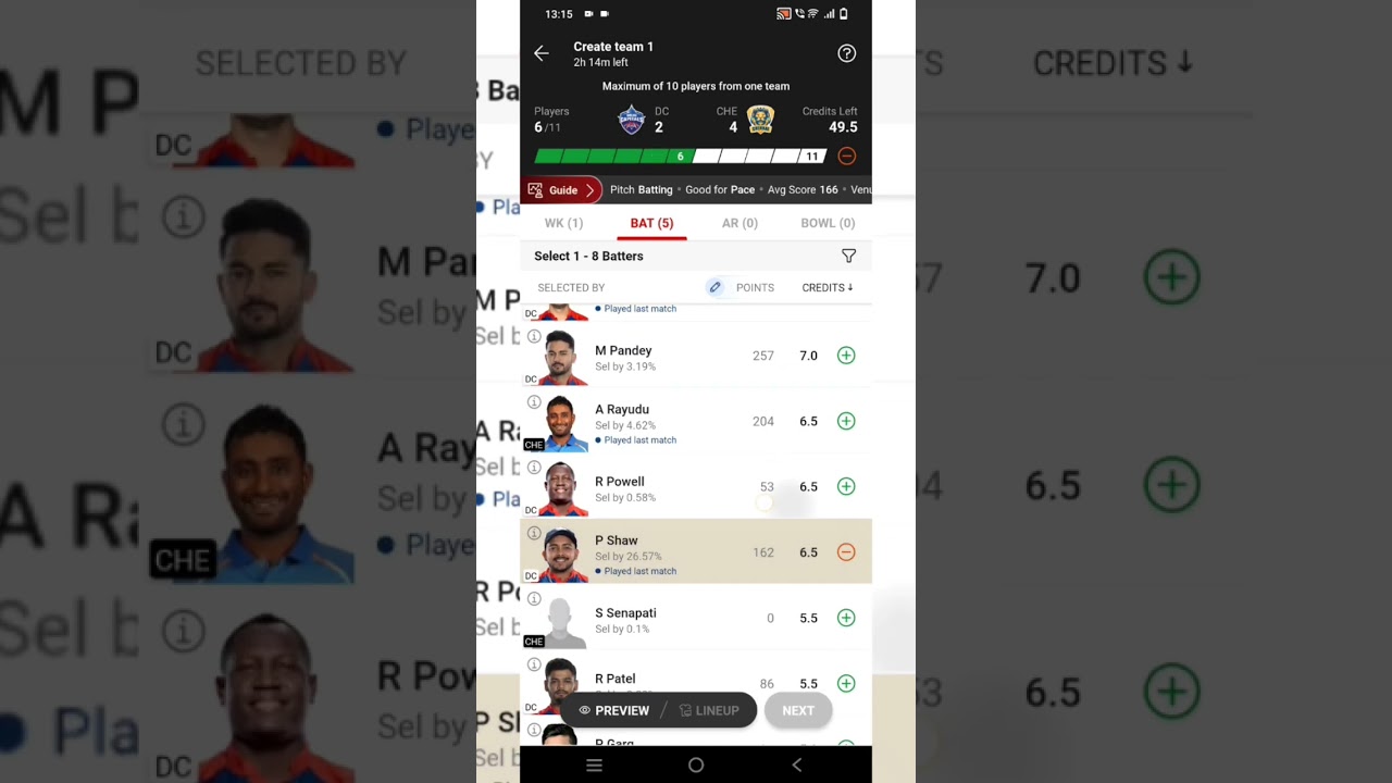 CSK VS DC|| FANTASY TEAM || Mini GL team