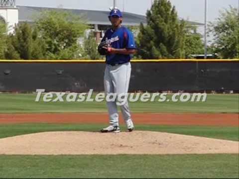 Texas Rangers man-child RHP prospect Wilmer Font pitches in a Low A spring training game on March 19, 2009. The soon-to-be 19-year-old Font routinely throws in the upper 90s. This video was filmed at 210 frames per second.