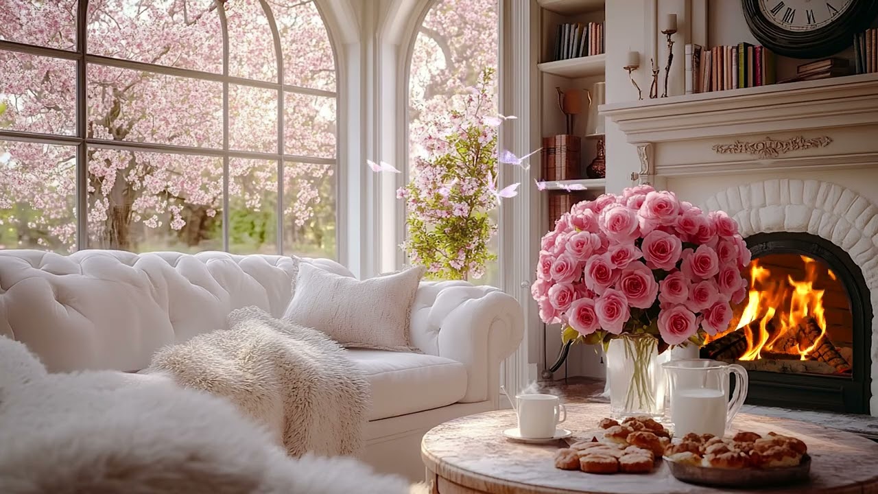 4K Cozy Spring Fireplace Ambience | Serene Living Room & Crackling Fire Sounds for Relaxation