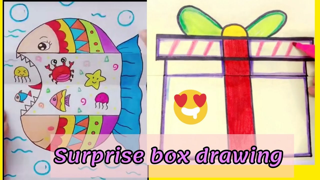 surprise box drawing || Paper folding drawing 🎁 + 🎂 - YouTube