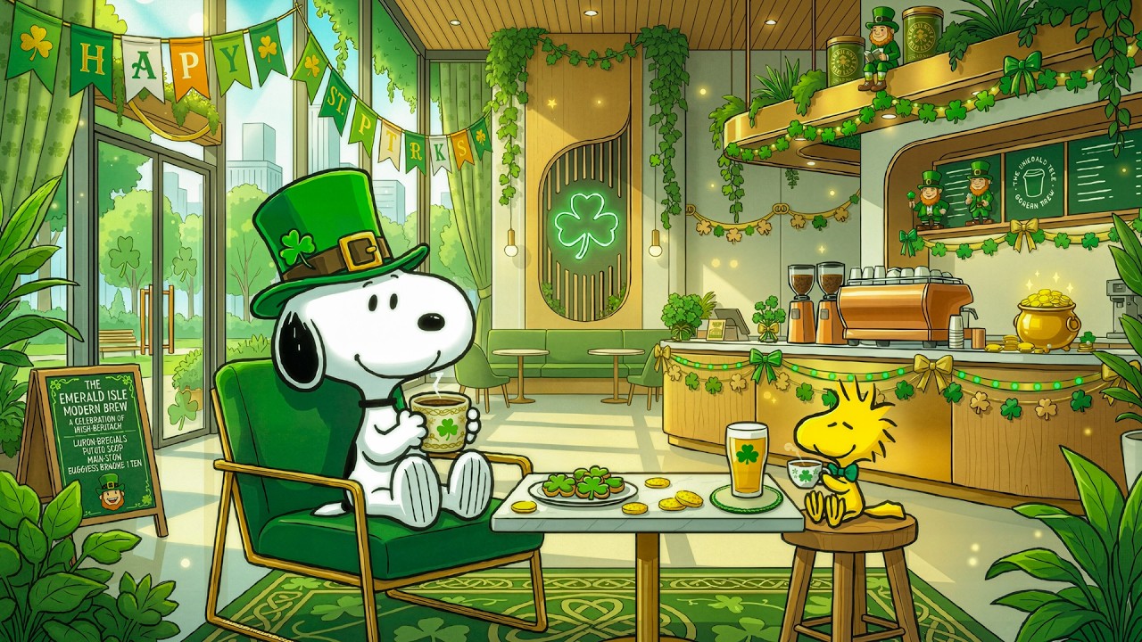 Удачное кафе в честь Дня Святого Патрика со Снупи ☘️ Нежный джаз и весенняя атмосфера