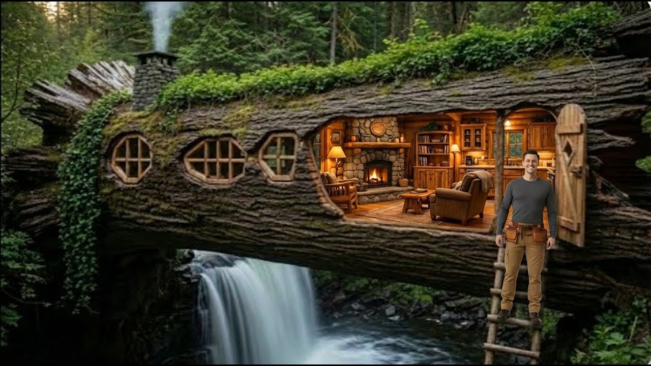 I Built a Secret Room Inside a Fallen Spruce Tree by a Waterfall | Full Build Process (ASMR )
