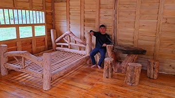 Building Wilderness Log Cabin Interior Alone | Log Cabin Table Build - Only Hand Tools.