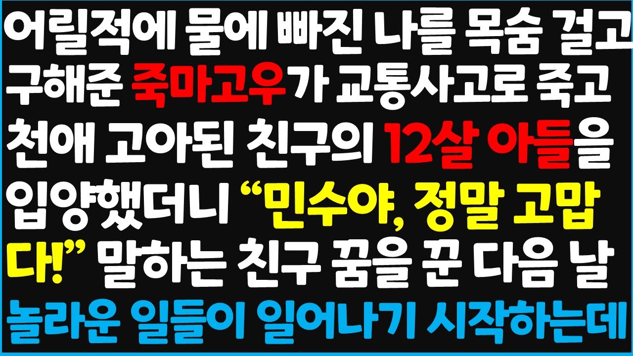 (신청사연) 어릴적에 물에 빠진 나를 목숨 걸고 구해준 죽마고우가 교통사고로 죽고 천애 고아된 친구의 12살 아들을 입양했더니 