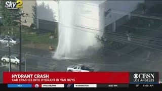 Crash Causes Hydrant Geyser in Van Nuys