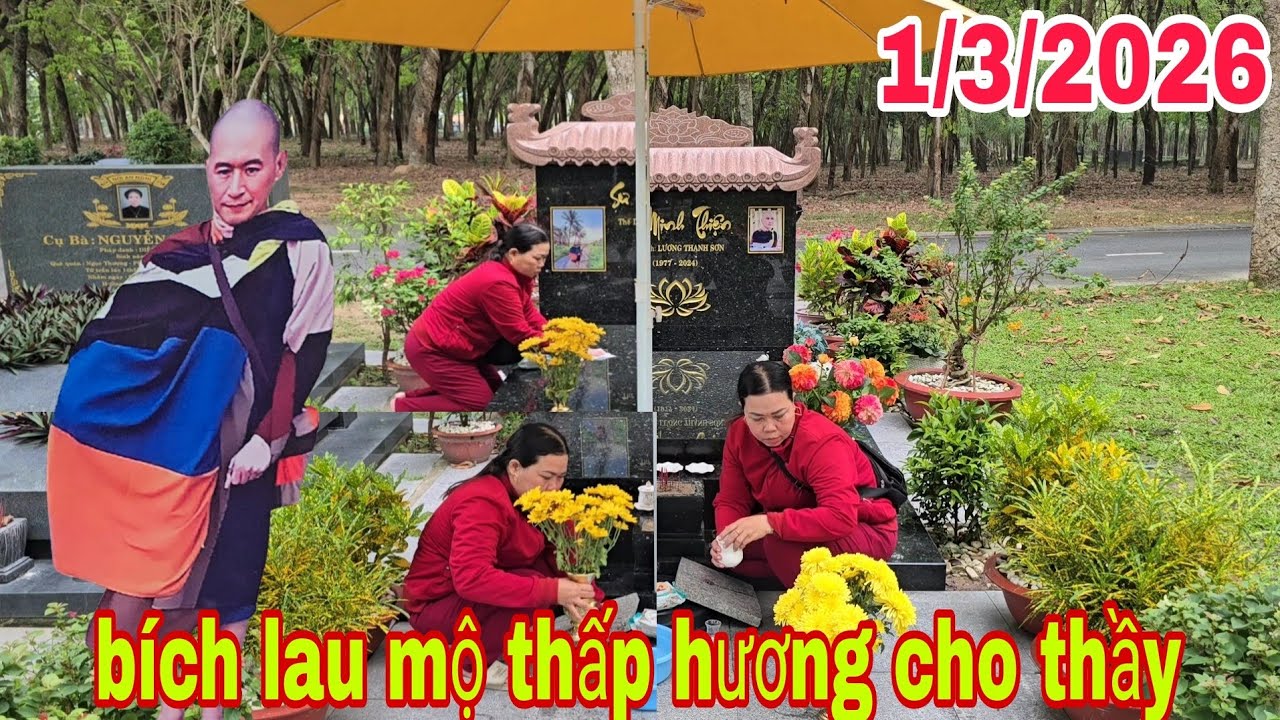 Sáng bích đến sớm thay nước lau mộ thấp hương quét sàng nhà sung quanh mộ thầy minh thiện 