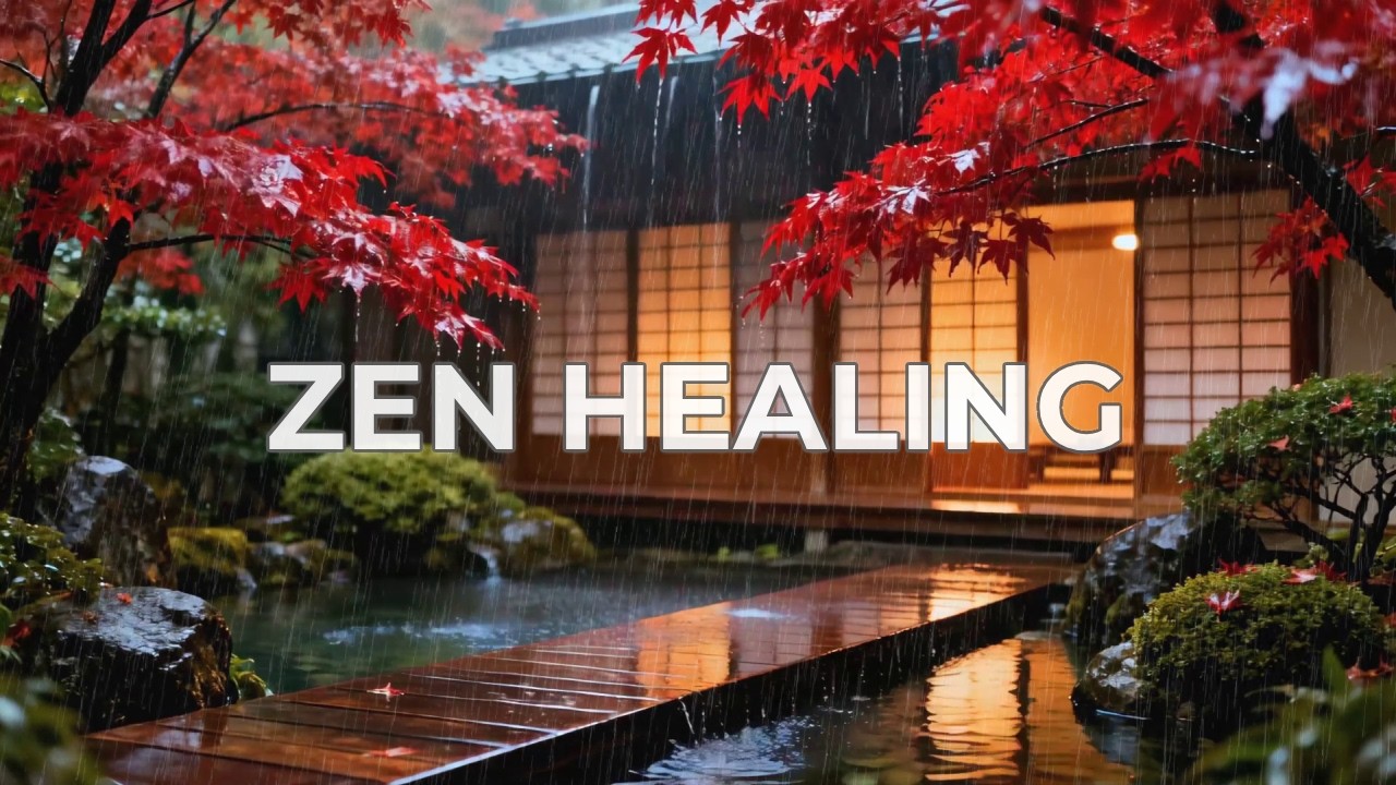 12 hours Rain ASMR Sounds in Red Maple Garden Pond for Instant Stress Relief 🍁