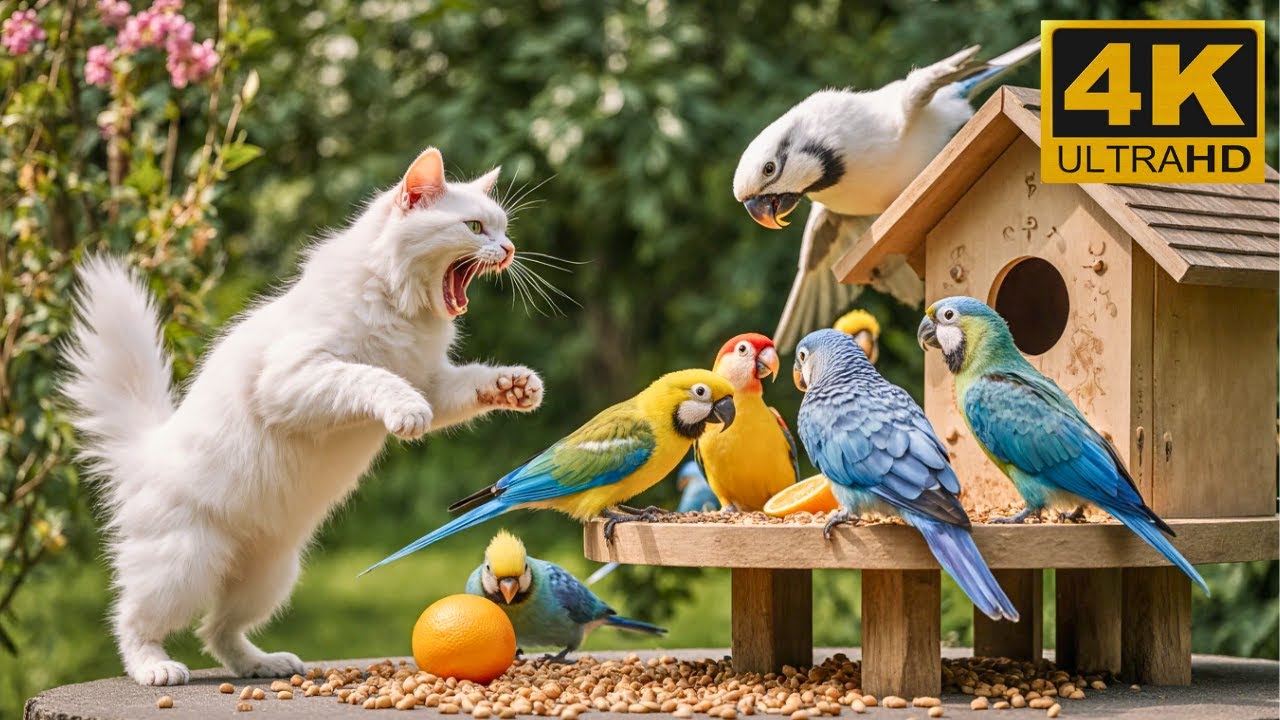 NO ADS 🕊️Birds flutter softly as squirrels enjoy their morning bites🐿️ TV for cats to watch 4K HDR