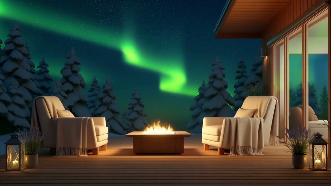 Cozy Firepit Under Northern Lights | Aurora Borealis & Crackling Fire Sounds |  Deep Sleep Aurora
