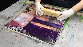 Abstract Acrylic Painting Squeegee Technique In Black, Gold And Blue-Violet