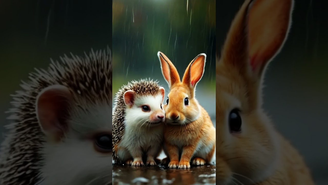 Adorable Moment: Baby Hedgehog & Bunny Brave the Rain Together! 🦔🐰🌧️