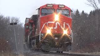 AC44C6M 3433 Leads Freight Train CN 594 West w/Containers pass Bloomfield, NB