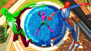 Rainbow Spiderman Team Trampoline Jumps Into Pool (Fails, Ragdolls & Euphoria Physics)