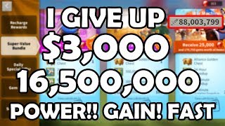 $3,000 in 4 Days 16.5M Power - I Give Up - [ Power Up ] GEMMING Zenith of Power | Rise of Kingdoms