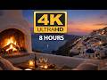 Santorini Fireplace 4K 🔥 Cozy Greek Sunset Fireplace Ambience – 8 Hours Relaxing Ocean View