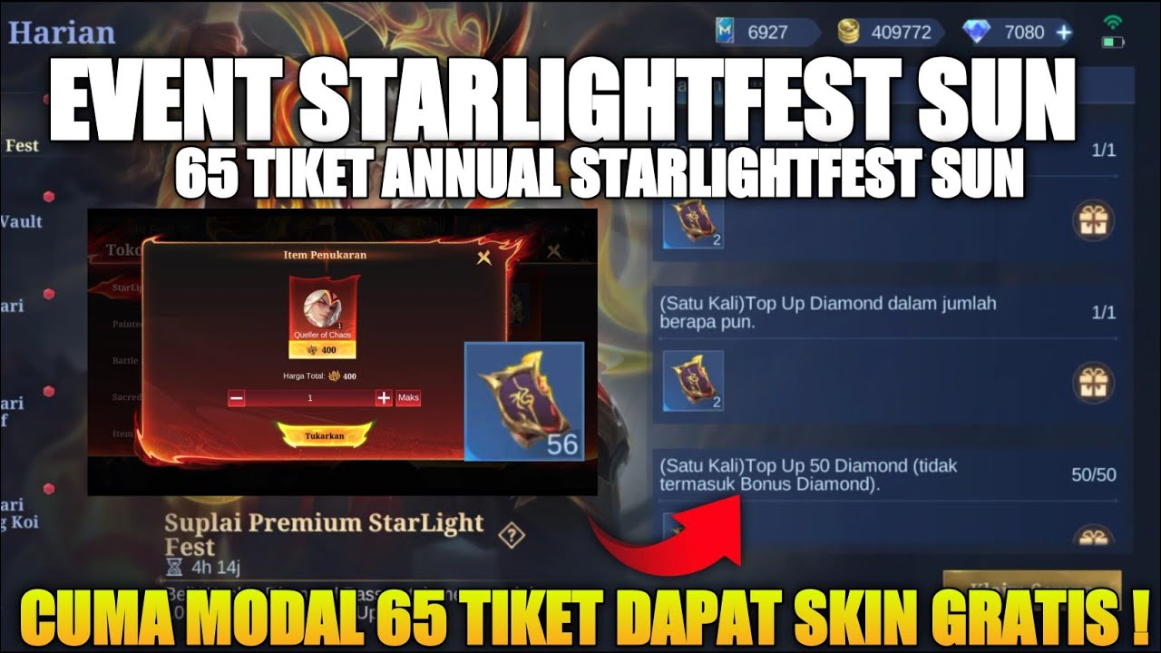 TEST DROPRATE!! Event Skin Starlightfest Sun Modal 56 Tiket Gratis Event Starlight Sun MLBB
