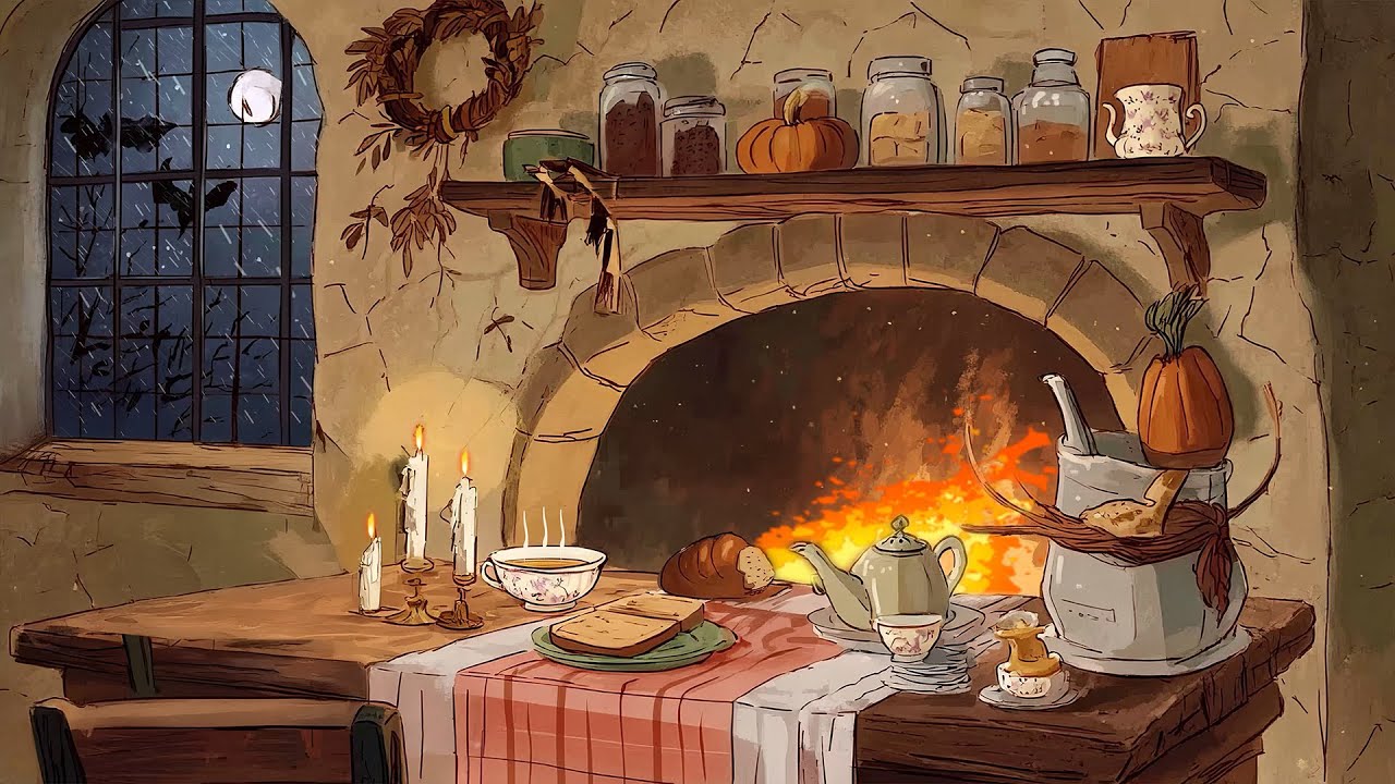 Cozy Rainy Night in a Cottage Autumn | Disney Oldies Playing in Another Room (Crackling Fire)