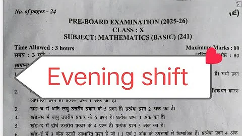 Evening shift Class 10 basic maths pre board question paper 2025-26 / cbse class 10 maths paper 2025