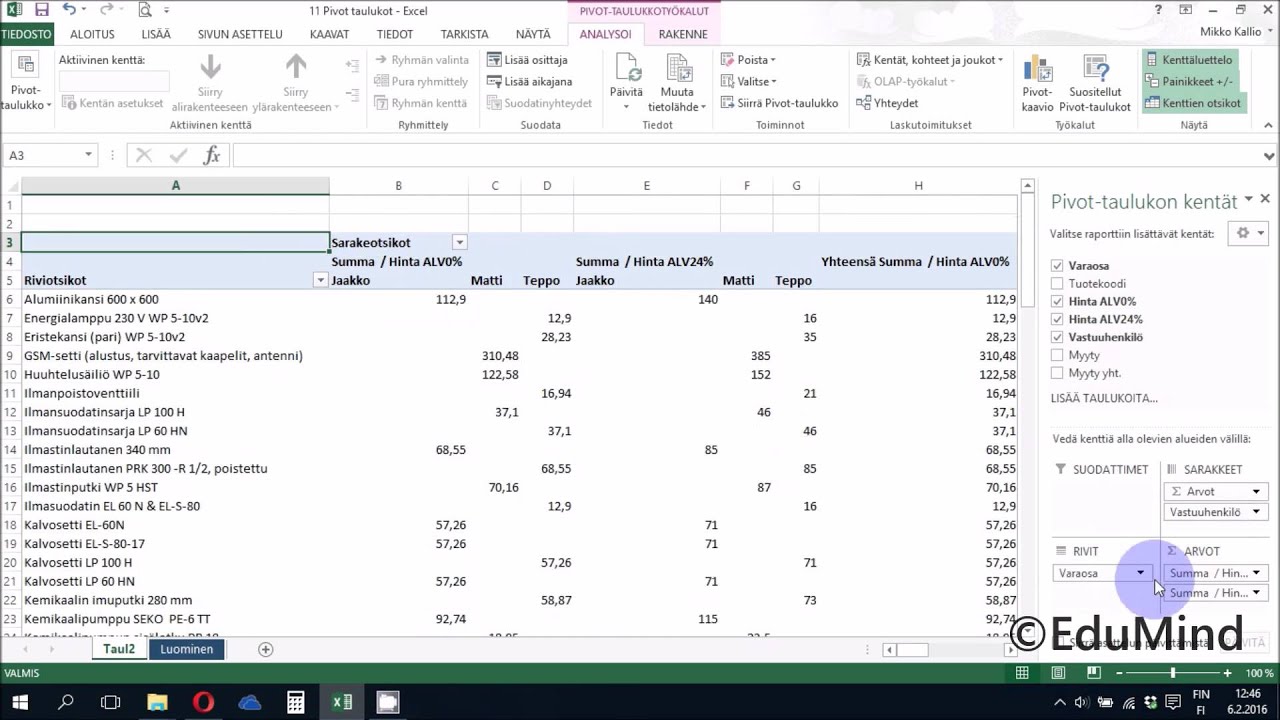 Excel Pivot taulukko - EduMind Office koulutus - Excel ohje - YouTube