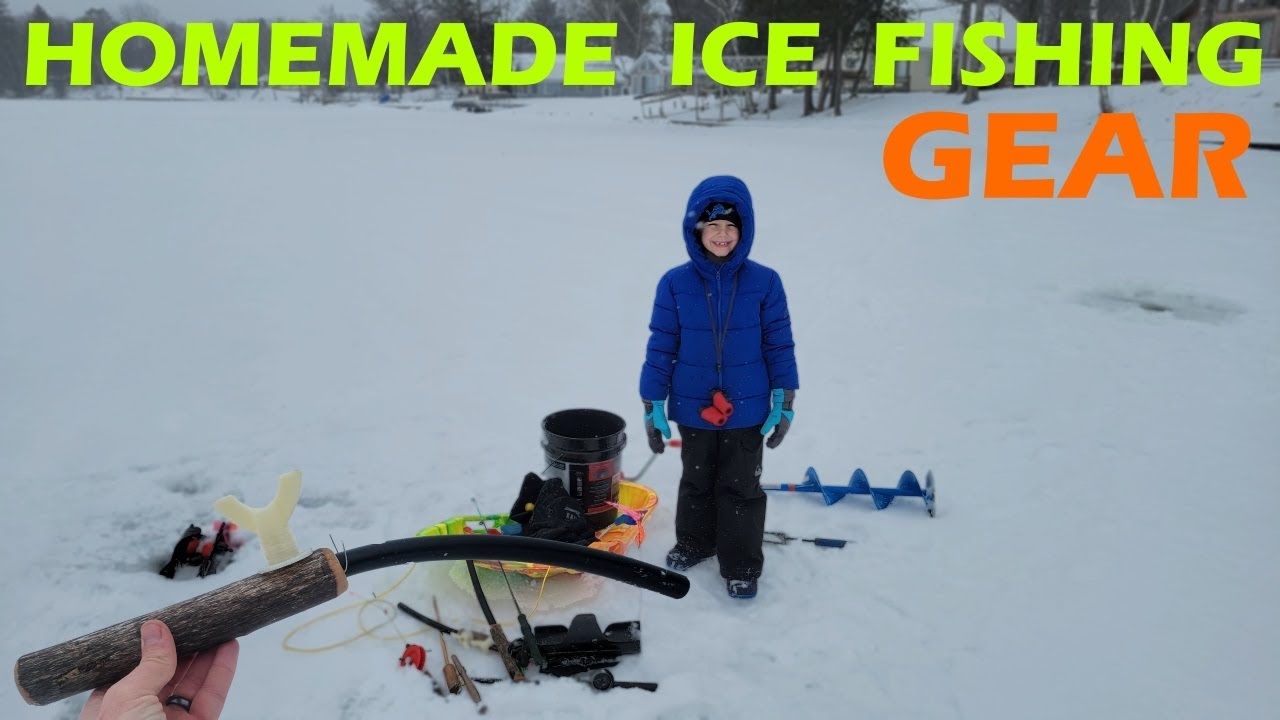 Ice fishing items, an old pressure (without lid) cooker, spearing
