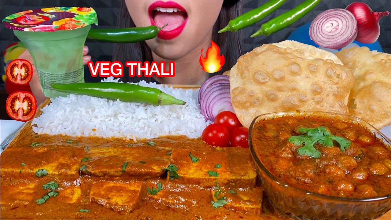 ASMR VEG THALI, CHOLE MASALA, PANEER BUTTER MASALA, PURI, BUBBLE JELLY DRINK MASSIVE Eating Sounds