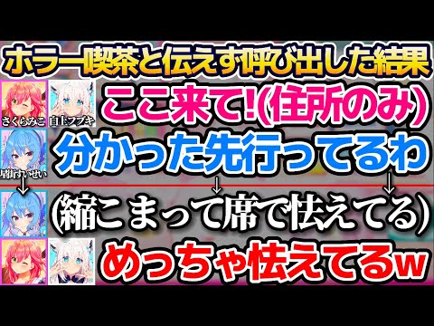 すいちゃんには何も伝えず"ホラー喫茶"に黙って呼び出した結果、縮こまって席で怯えるすいちゃんを見て爆笑するフブみこさんw【ホロライブ切り抜き/さくらみこ/星街すいせい/白上フブキ】