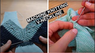 Machine knitting - V-neckline : knitting, shaping and attaching without a linker