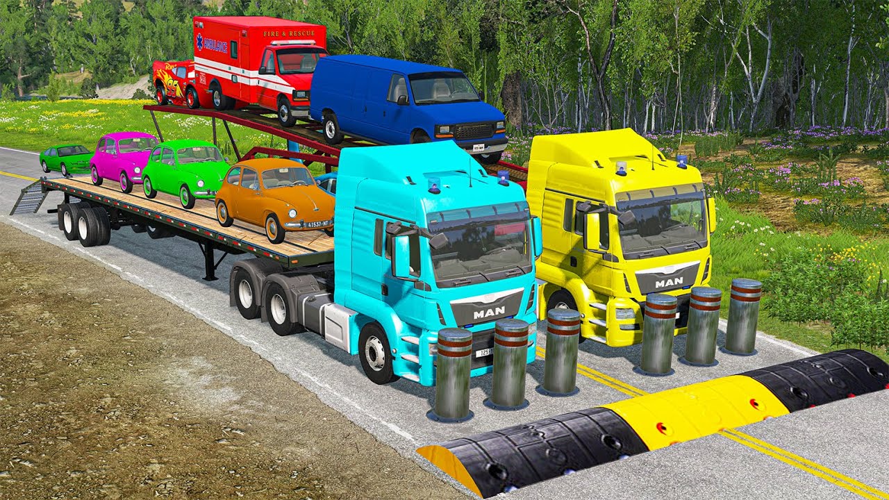 Double Flatbed Trailer Truck vs Speedbumps Train vs Cars Beamng.Drive #5