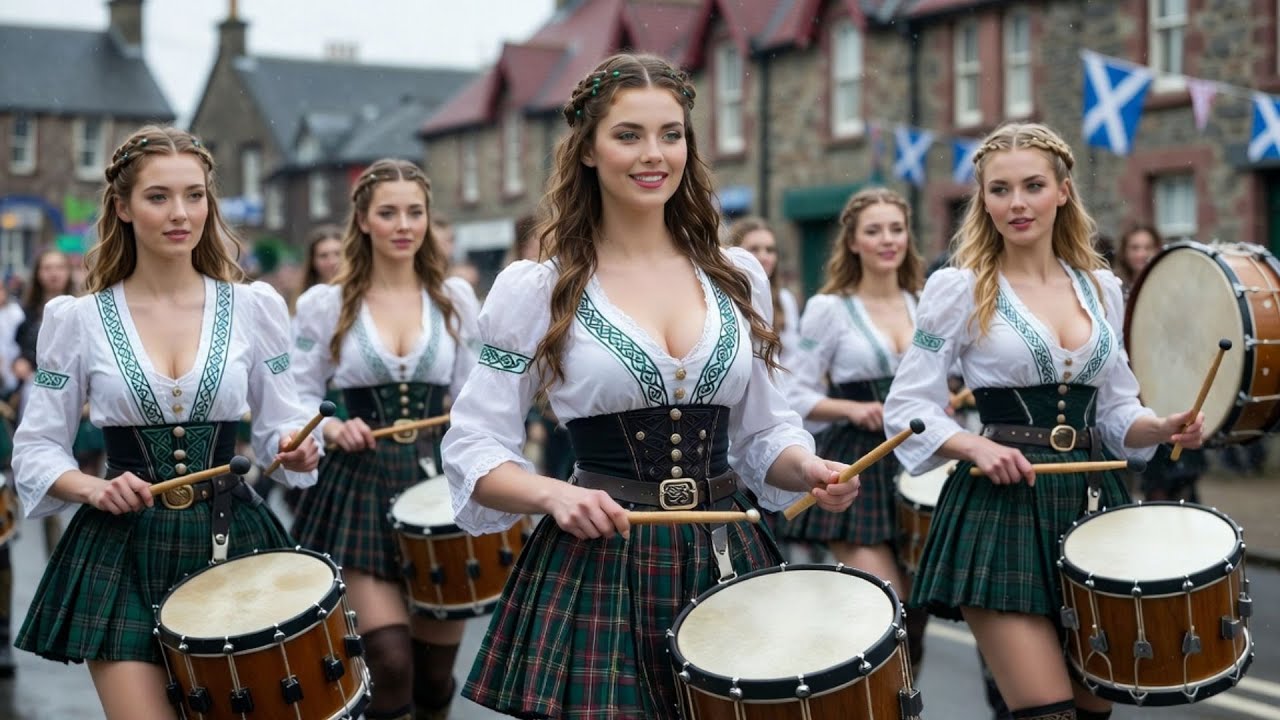 Celtic Drums & Bagpipes Army | Irish & Scottish Women Marching in Kilts