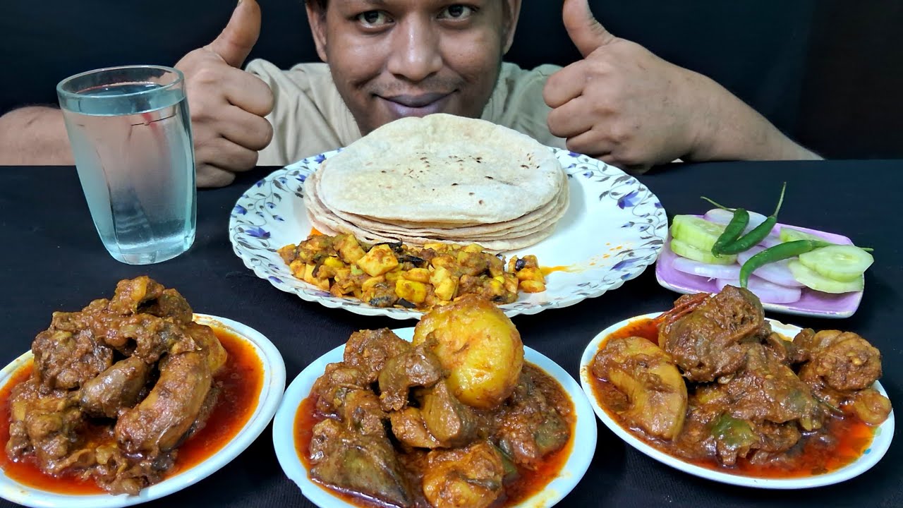 EATING 3 PLATE OILY SPICY CHICKEN LIVER GIZZARD KOSHA AND ROTI, BOILED ...