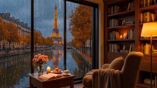 Rainy Autumn in Paris 🍂 Soft Jazz Instrumental & Cozy Reading Room Ambience for Relaxation screenshot 4