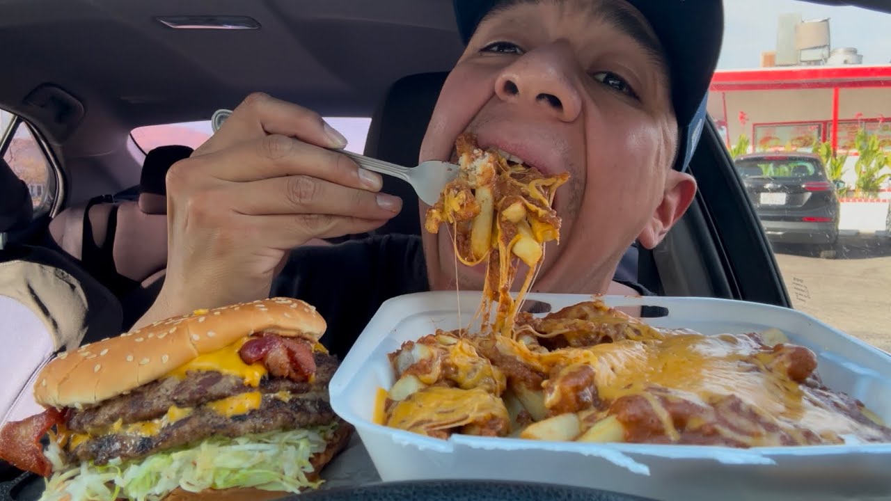 Double Bacon Cheese Burger + Chili Cheese Fries Mukbang