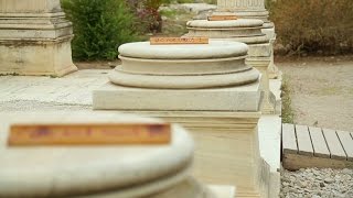 Do not touch warning signs on ancient ruins at open air museum, public property. Stock Footage