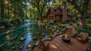Peaceful Summer Streamside Cabin with Campfire 😌Soft Piano & Nature Sounds for Relax