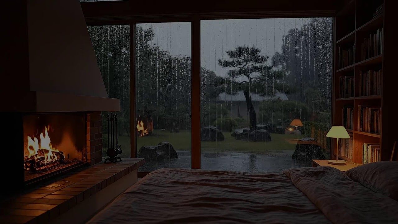 🔴 LIVE NO ADS • Heavy Rain on Window & Soft Piano for Deep Sleep | Cozy Fireplace Bedroom ASMR