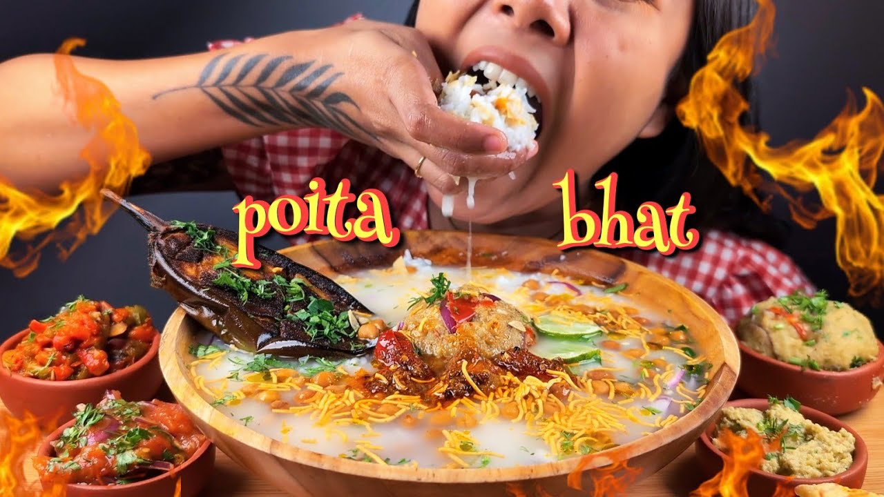 🔥EATING POITA BHAT🔥 WITH SPICY ALOO PITIKA, TOMATO CHUTNEY, CAPSICUM CHUTNEY, KABULI CHANA CHUTNEY