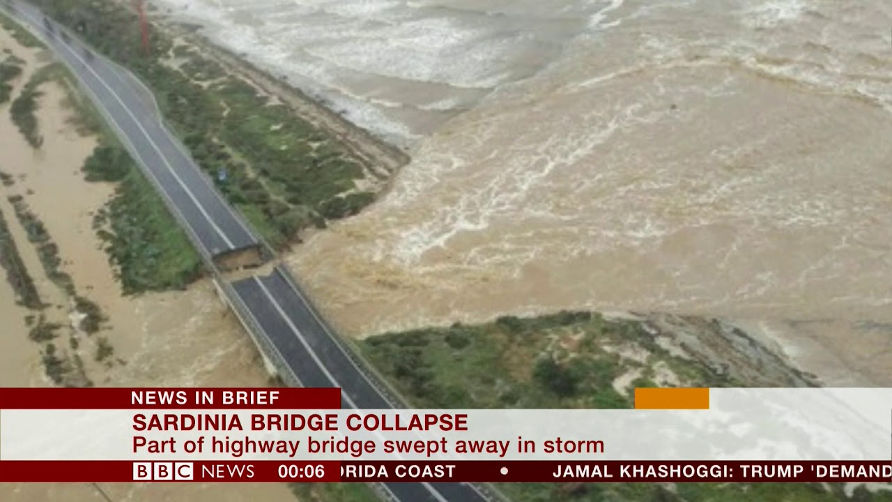 Extreme weather 2018 - Bridge collapse on Sardinia (Italy) - BBC News - 11th October 2018