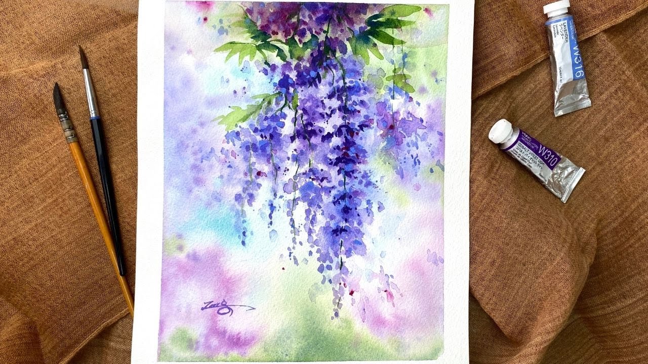 Watercolor Painting Flowers Wisteria Tutorial Step by Step YouTube