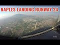 Naples, NAP, Italy: Offset Whiskey approach + landing runway 24, cockpit view + audio, Airbus 320 4k