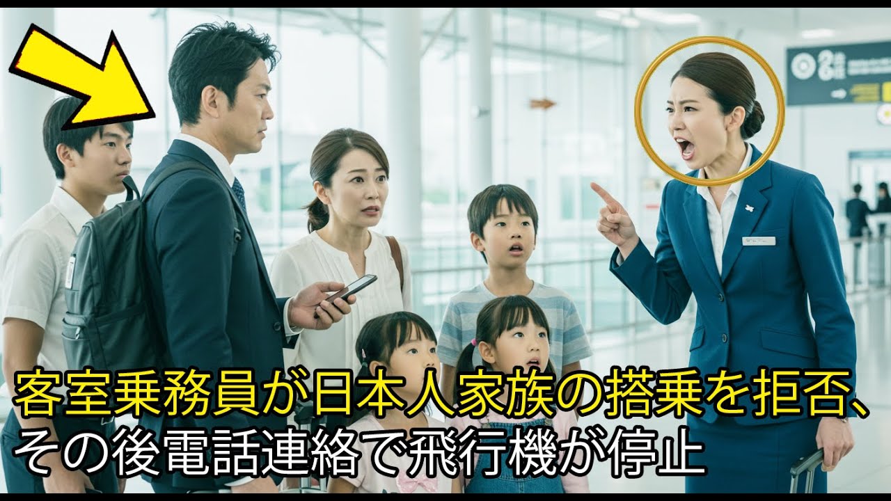 客室乗務員は日本人家族の搭乗を拒否し、その後飛行機を止めるよう指示した。