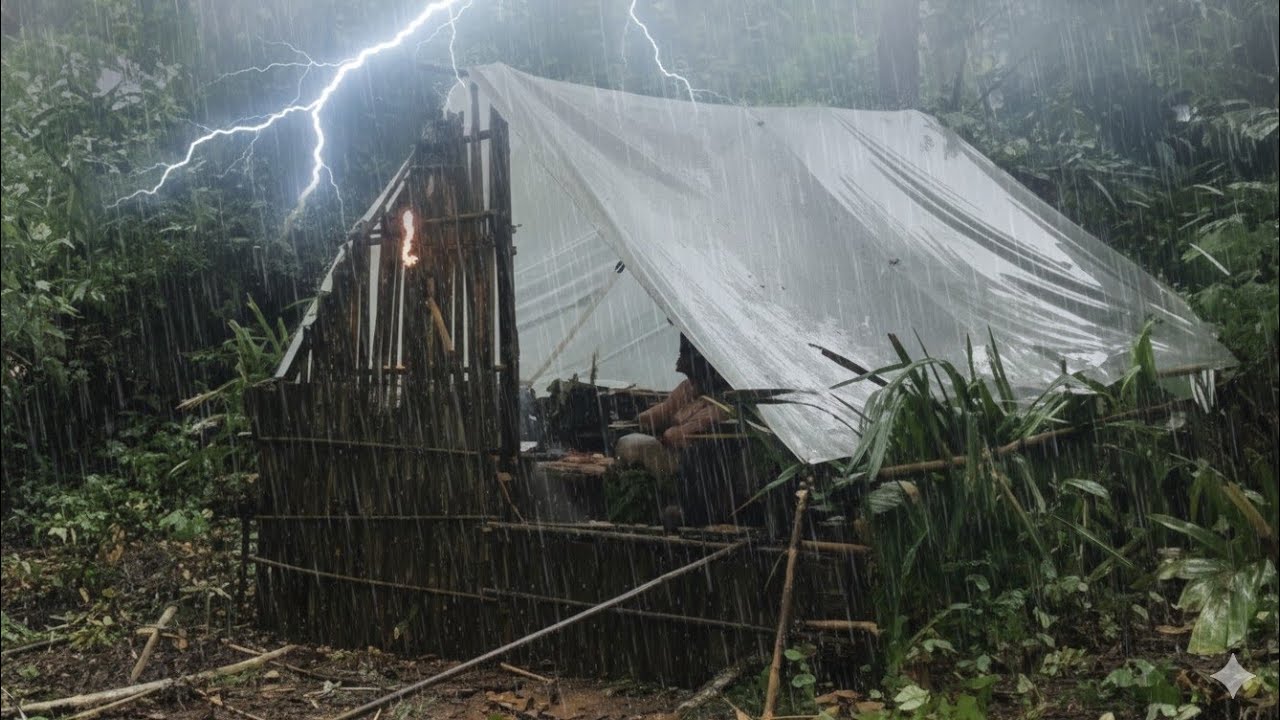 SOLO CAMPING BUILD A SHELTER DURING HEAVY RAIN IN THE MIDDLE OF THE ...