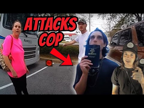 Crazy man FIGHTS COP throws computer screen and traffic cone!