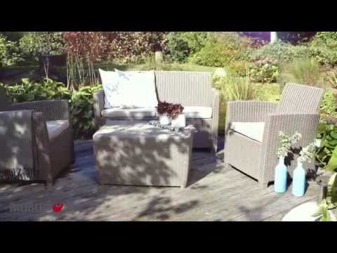 Набір пластикових меблів для патіо Corona Set With Cushion Box капучино з подушками та кавовим столиком, видео 1