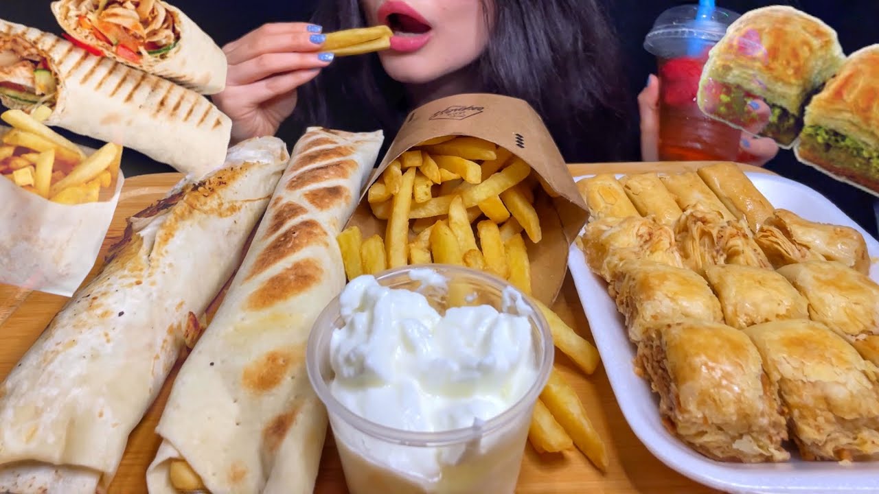 ASMR SHAWARMA + FRIES + KEBAB SANDWICH + BAKLAVA MUKBANG (No Talking) EATING TURKISH & ARABIC FOOD