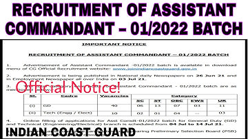 RECRUITMENT OF ASSISTANT COMMANDANT – 01/2022 BATCH INDIAN COAST GUARD