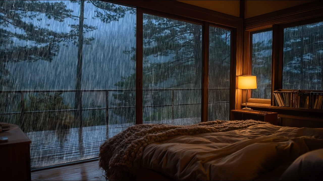 Тихий дождь в уютном домике в сосновом лесу 🌧️ Теплая лампа и книги для крепкого сна и чтения