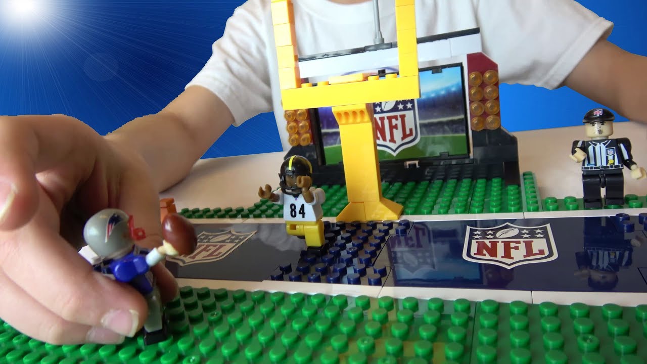 Slutning Flock stavelse NFL Playmaker set - LEGO Compatible - Tom Brady Patriots Minifigure - NFL  Field and Goal Post - YouTube