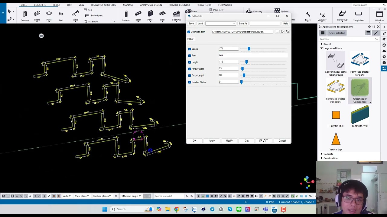 Grasshopper Tekla Drawing : 3D Pullout Rebar Center Line