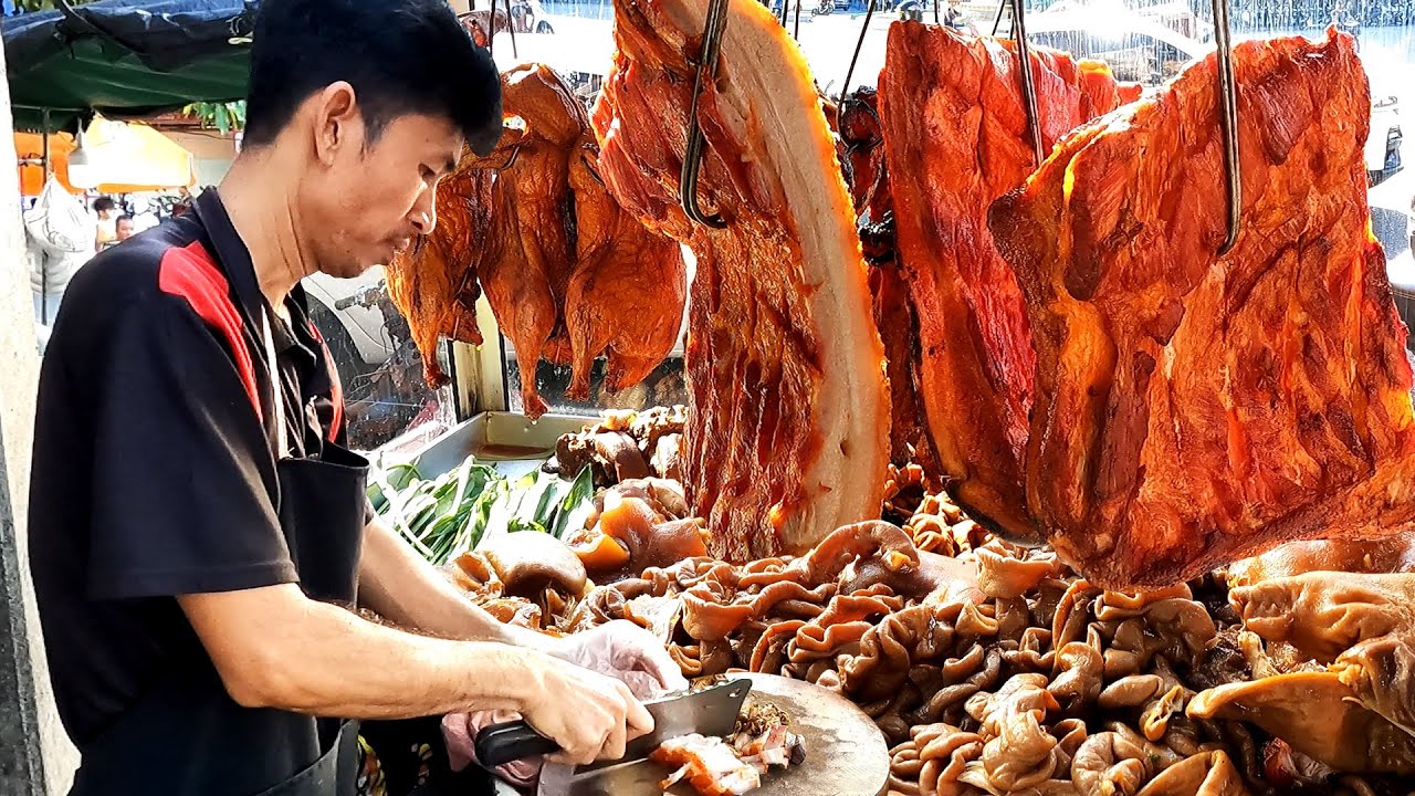 A Man Selling Extreme BBQ Pork + Braised Pork - Cambodian Street Food