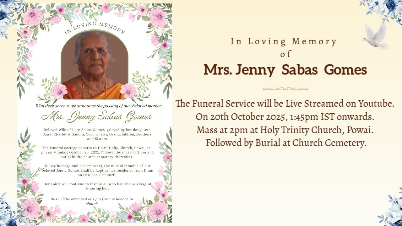 Funeral Service of Mrs. Jenny Sabas Gomes | 20th Oct 2025, 1:45pm IST